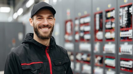 A smiling man in a black and red uniform standing in front of a control panel in an industrial setting.