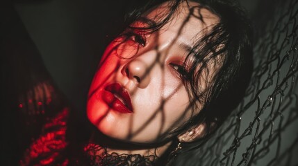 A woman with long black hair and red lipstick, wearing a red and black lace top, is leaning against a chain-link fence with a red light shining through the fence.