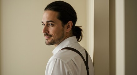 Captivating portrait of a thoughtful man in a minimalist interior setting reflective mood soft lighting