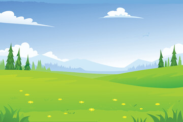 Fototapeta premium Cartoon landscape with green hills mountains and a bright blue sky