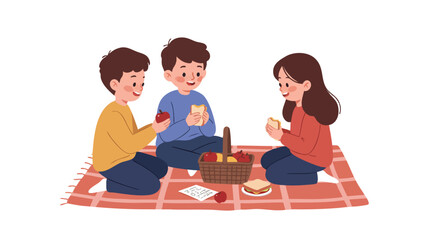 3 children sitting on a blanket on the living room floor, sharing apples and sandwiches from a picnic basket.