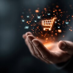 Hands holding glowing holographic shopping cart with floating product icons against futuristic e commerce background in sharp detail.