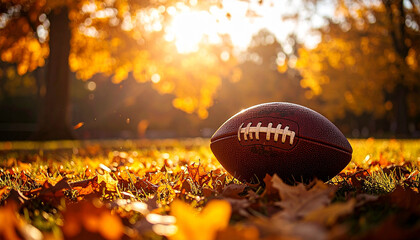 Football on a bed of autumn leaves in a park
