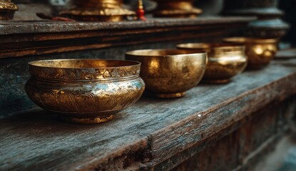 Four tarnished golden bowls sit on a weathered wooden surface, suggesting a sacred or ritualistic setting