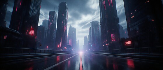 neon-lit highway cutting through a dark futuristic cityscape at night | game, science fiction, cyberpunk, background, digital art theme
