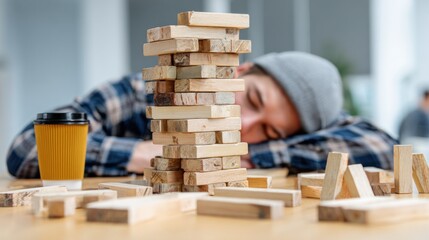 A man in a plaid shirt and hat, leaning on a stack of wooden blocks, with a coffee cup on the table.