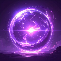 Glowing purple orb of energy floats above a dark, fantastical landscape