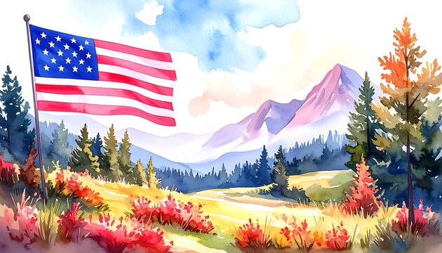 Watercolor landscape with American flag