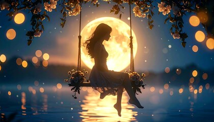 Silhouette woman on swing, moonlit night
