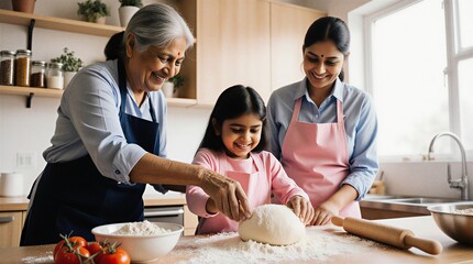 three generations of women bonding over dough preparation in a bright kitchen | food, family, tradition, cooking, home theme