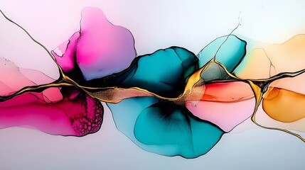 Abstract fluid art piece with vibrant colors and gold accents.  Melted paint, flowing forms, creating a dreamy, ethereal atmosphere.  Soft, pastel hues intertwined with bolder tones