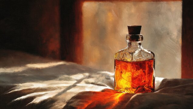 Amber liquid in a glass bottle with a cork stopper sits on a white fabric near a window, backlit by warm sunlight casting shadows