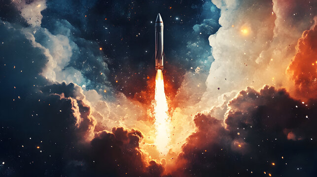A rocket launches into space amidst colorful clouds and a fiery trail.