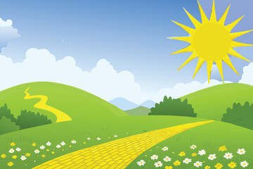Fototapeta premium Bright sun shining over a vibrant green landscape with a winding path