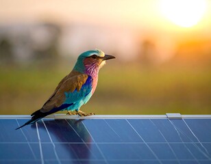 A vibrant bird perched on solar panels at sunset