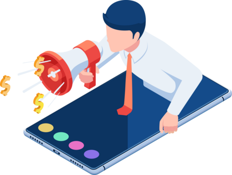 Isometric Businessman Shouting with Megaphone Emerging from Smartphone on Transparent Background Vector Illustration