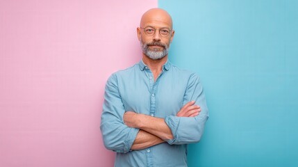 Confident Middle-Aged Man with Glasses Against a Colorful Background
