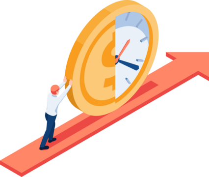 Isometric Businessman Pushing Combined Clock Face and Money Coin Uphill on Arrow in Transparent Background