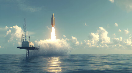 Fototapeta premium Rocket launching from a platform over the ocean under a cloudy sky.