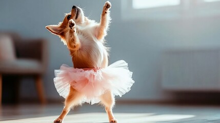 Adorable dog in a tutu, performing a joyful dance.  The dog is light brown and cream colored, wearing a pink tutu, and its paws are lifted in the air, showcasing a playful and spirited attitude