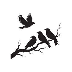 Minimalist Bird Silhouette Illustration. Bird Silhouettes Perched on Branch with Flying Bird