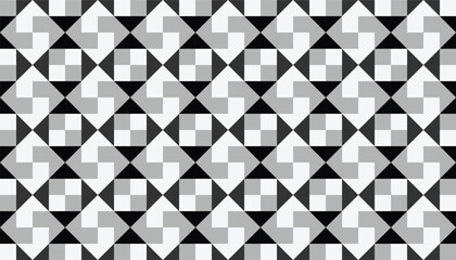 A seamless black and white geometric pattern. A repeating arrangement of squares and triangles creates a visually appealing and symmetrical design.