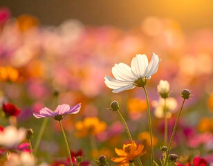 Obraz premium A vibrant field of cosmos flowers bathed in golden sunlight