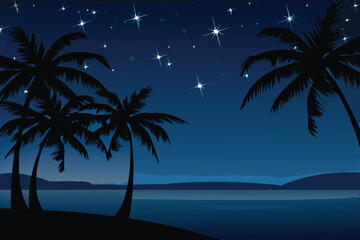 Fototapeta premium Silhouetted palm trees against a vibrant star filled night sky scene