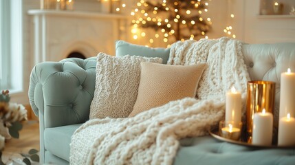 A cozy living room scene featuring a stylish couch adorned with knitted throws and pillows, candles, and a softly lit Christmas tree in the background.