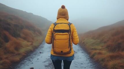 Misty mountain path, hiker in yellow