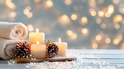 A serene winter scene featuring candles, pinecones, and soft towels.