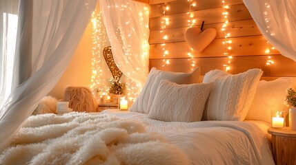 A cozy, inviting bedroom adorned with warm fairy lights, soft textiles, and a rustic wooden accent wall.