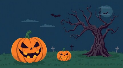 Fototapeta premium Spooky halloween night scene with carved pumpkins and a bare tree