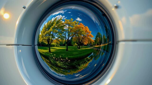 Wind energy protected ecosystem reflected circular glass surface and washing machine door, showing vibrant trees, blue sky, green landscape