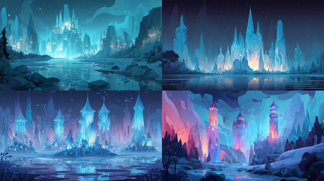 Four digital illustrations of glowing, ethereal fantasy landscapes featuring water and towering structures - Powered by Adobe