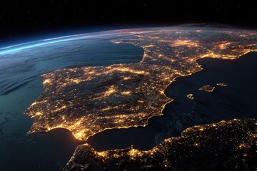 Night-time satellite view of the Iberian Peninsula, showcasing city lights against a dark, space backdrop; Earth's curvature visible