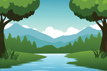 A serene landscape featuring mountains trees a river and a blue sky