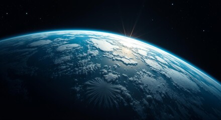 Earth from Space - Blue Planet with Sunrise and Clouds, 3D Render