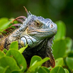 Obraz premium Close-up profile of a large iguana partially hidden in vibrant green foliage