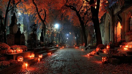 Cemetery path lined with lit pumpkins and trees at night spooky atmosphere.
