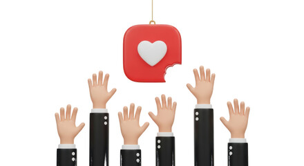 Bitten red heart notification icon with raised hands isolated on a transparent background social media