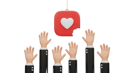 Bitten red heart notification icon with raised hands isolated on a transparent background social media