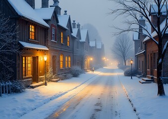 Snowy Winter Street in a Historic Village