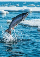 Obraz premium Majestic Salmon Leap: A vibrant moment captures a salmon soaring through the air, its silvery scales glistening against the backdrop of a serene aquatic world. Witnessing nature's graceful power.