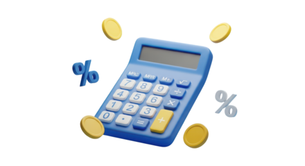 Blue calculator with gold coins and percentage symbols isolated on a transparent background