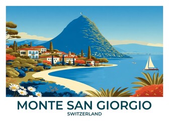 Monte San Giorgio, Switzerland Flat Retro Poster illustration, Landscape Travel Wall Art, Vintage High quality prints