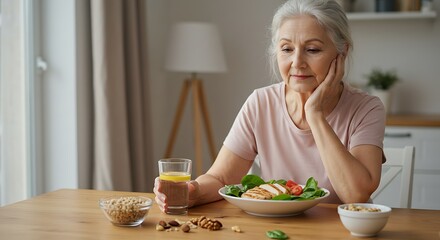 Elderly woman with gray hair sitting at a wooden table, contemplating her healthy salad and drink, surrounded by various nutritious foods in a home setting.