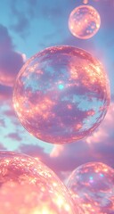Floating, iridescent spheres against a pastel sky