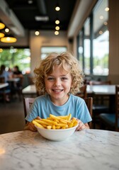 Joyful Boy with Fries: A cheerful boy beams with happiness while holding a big bowl of golden french fries in a cozy eatery, representing child's contentment.