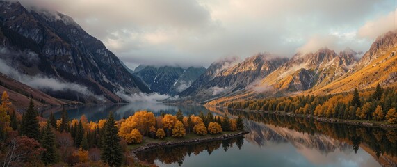 Autumnal Mountain Lake Panorama - Golden Reflections & Misty Peaks